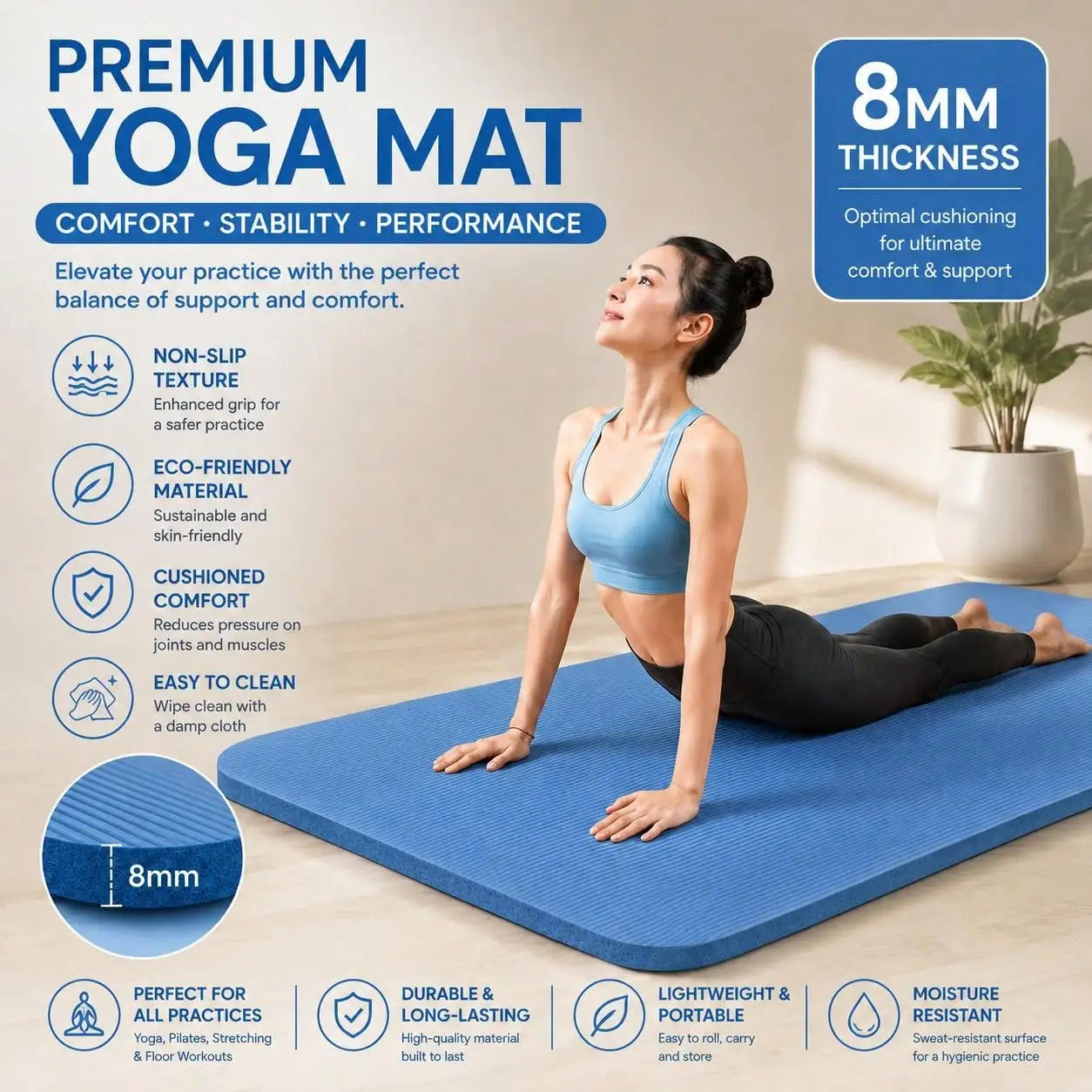 Yoga Mat 8mm Thick W/Nylon Strap For Men & Women - Non Slip Exercise Mat For Home Yoga, Pilates, Stretching, Floor & Fitness Workouts