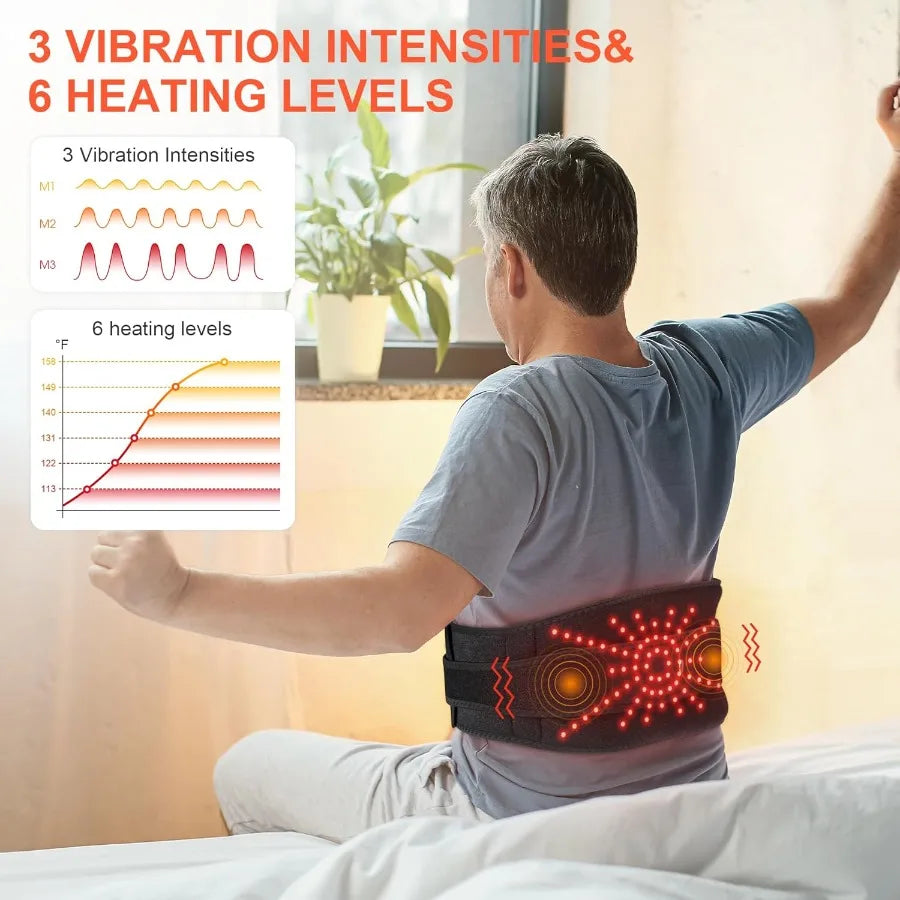 Lower Back Heating Pad with Massager for Back Pain Relief Cordless Heated Back Brace Vibration Wrap with 6 Heat and Timer Heati