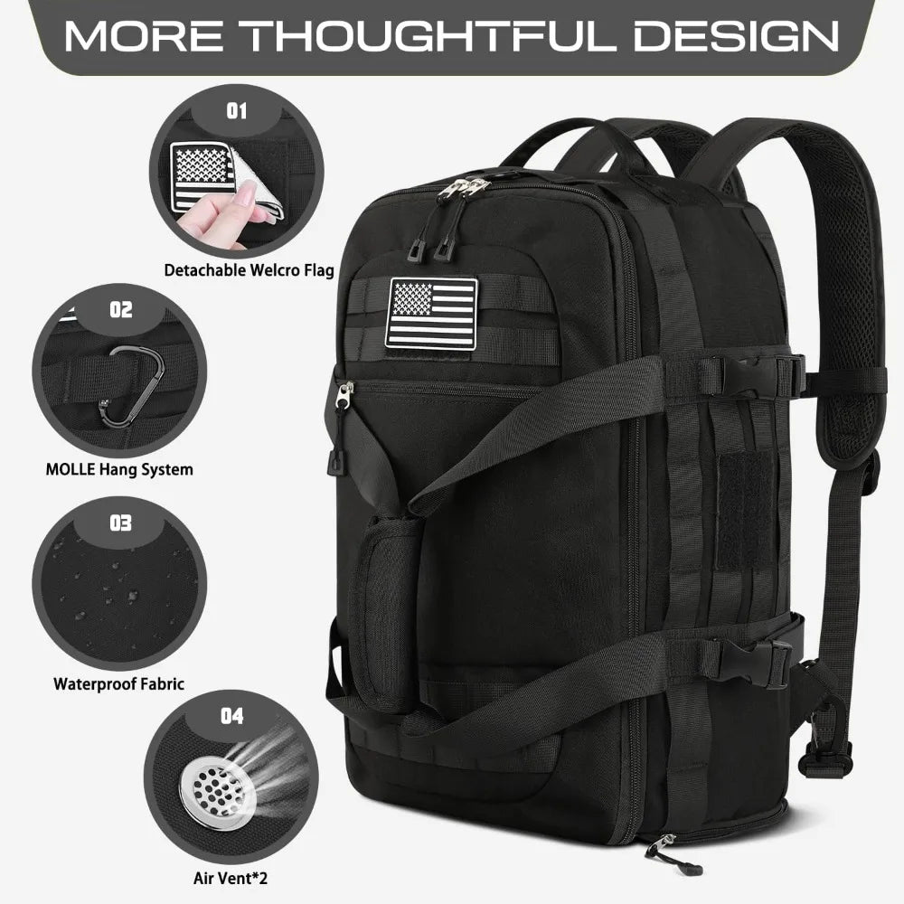 Carry On Luggage 22x14x9 Airline Approved, Tactical Duffle Bag with Shoe Compartment, 3-in-1 Travel Backpack, Weekender Overnight Bag, Black
