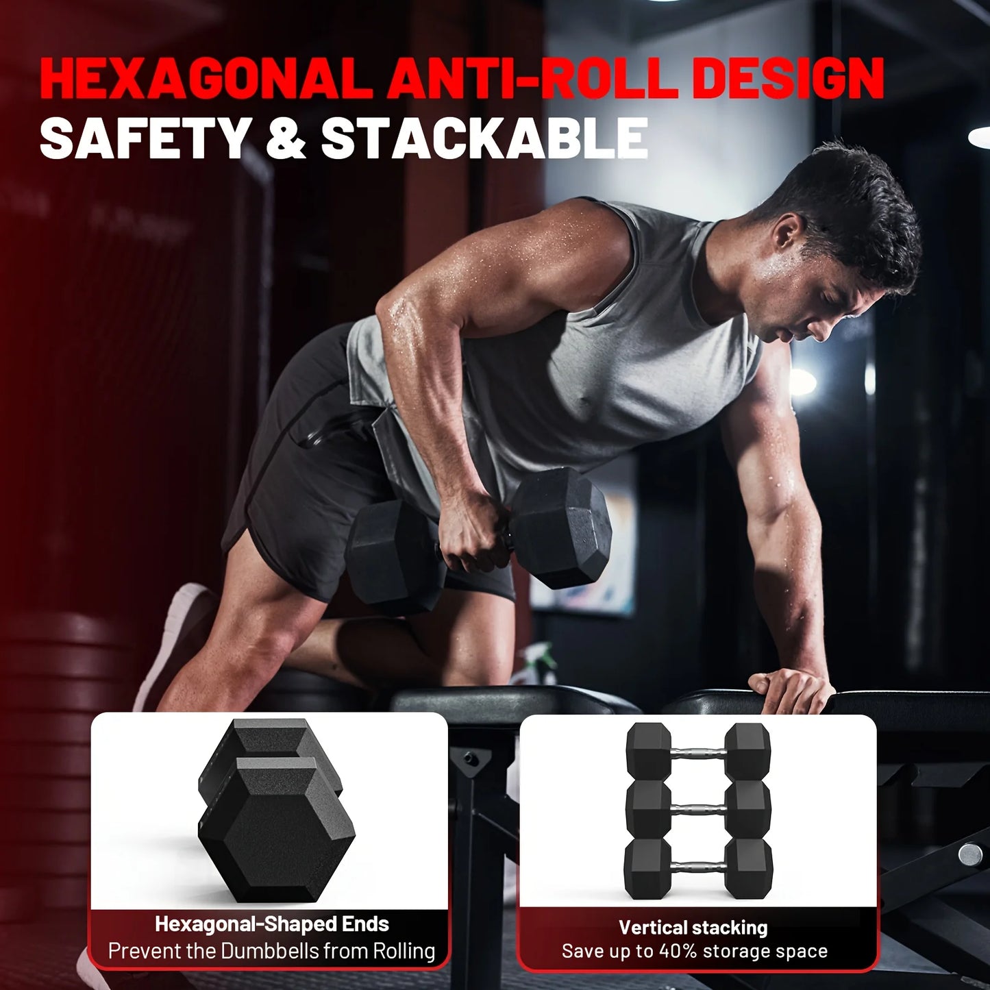 40-355LB HEX Dumbbell Set Rubber Encased Home Gym Dumbbells For CrossFit & HIIT, Strength Training Weights With Ergonomic Grip, Durable Cast Iron Construction & Non-Slip Rubber Coating For Full-Body Workouts, Ideal For Fitnes