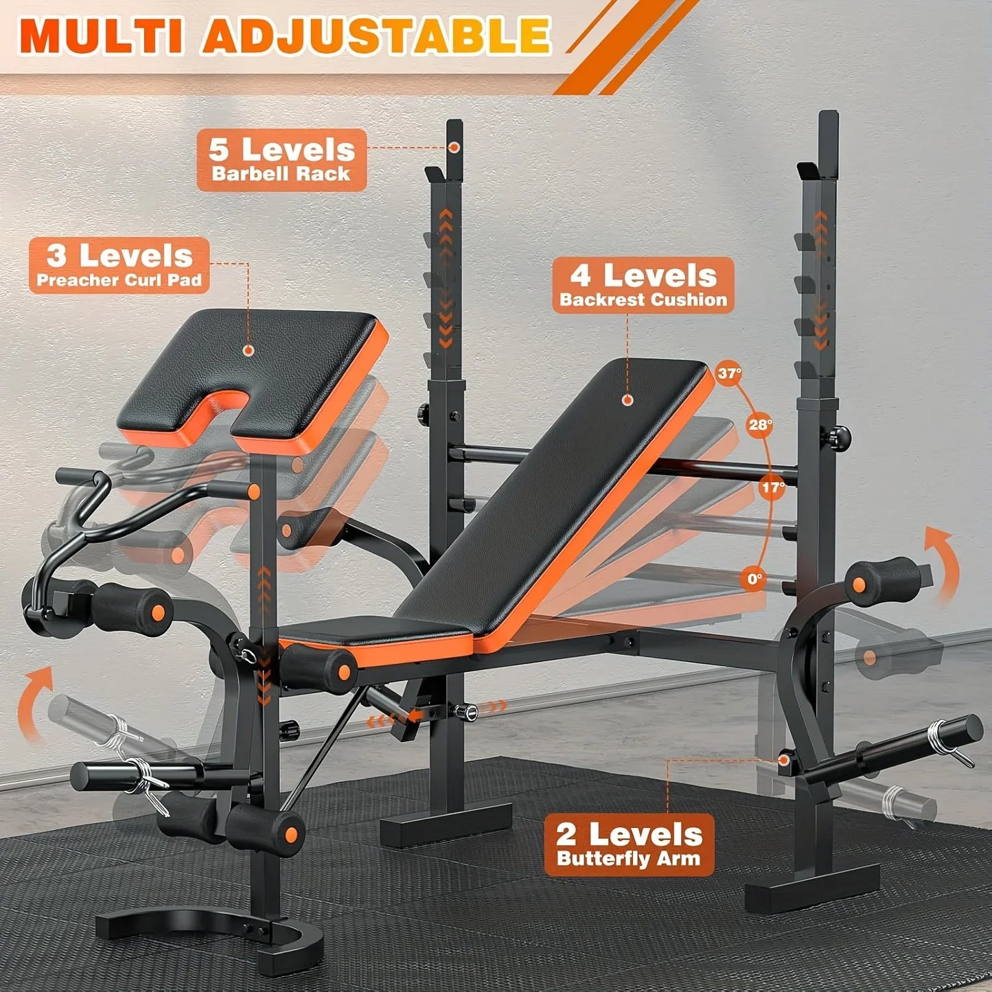 6-in-1 Heavy Duty Weight Bench Set with Adjustable Squat Rack, Leg Developer & Preacher Curl Pad - Foldable Home Gym System