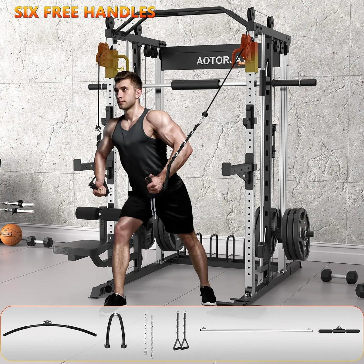 Smith Machine Strength Training Squat Rack with Smith Bar, Power Cage with LAT Pull-Down Systems, Cable Crossover, Customized