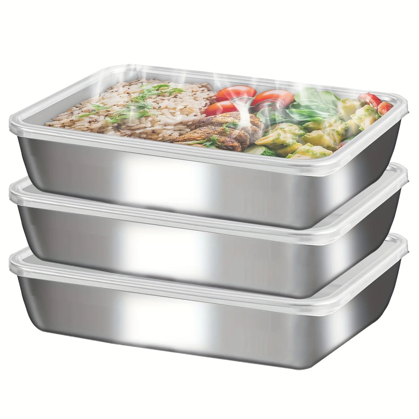 3pcs Stainless Steel Food Containers & Lunch Box, Leakproof Stackable Clear Lids, Kitchen Items