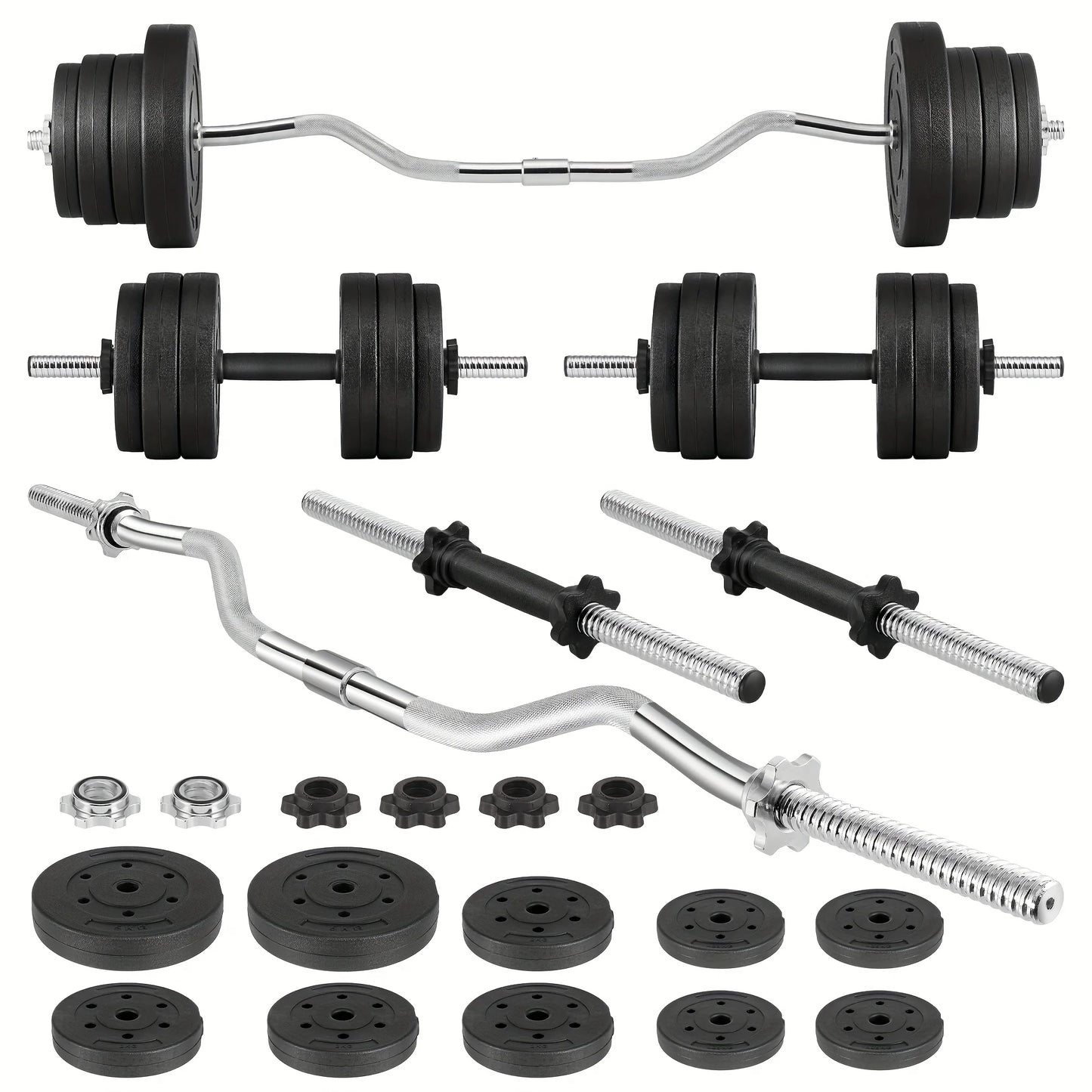 70LB 2-in-1 Barbell Set with Curl Bar & Weight Plates - Convertible Dumbbells for Full-Body Gym Workouts, Weightlifting System for &, No Additional Equipment Needed