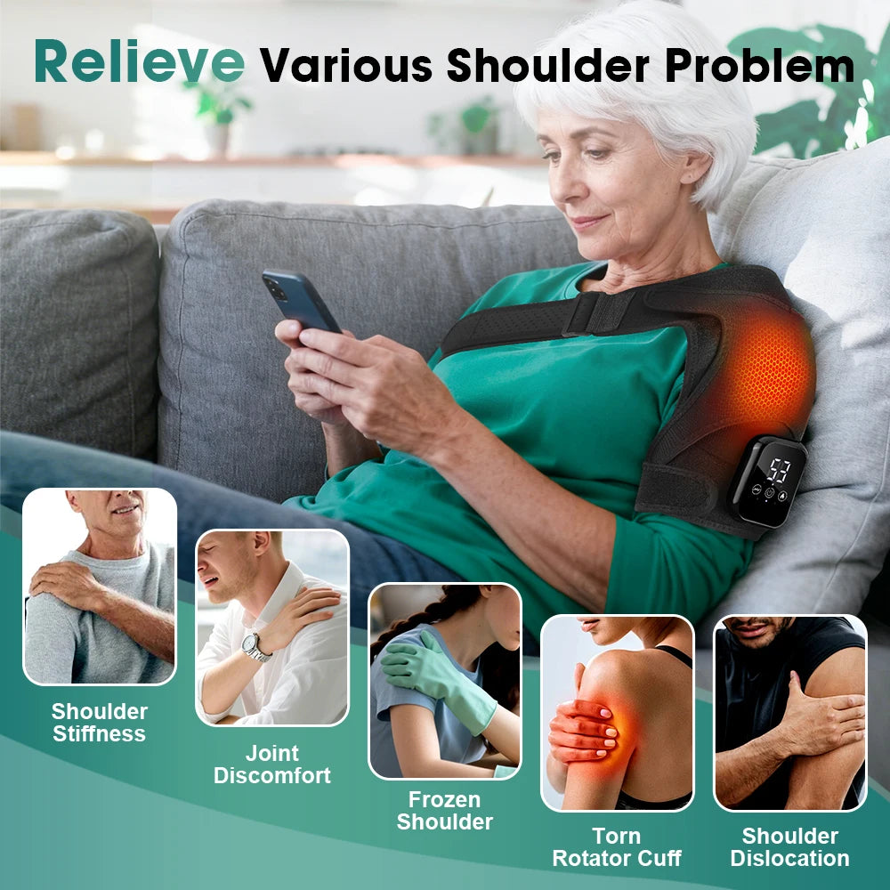 Cordless Heated Shoulder Massager, Electric Shoulder Heating Pad with 3 Vibration Modes, LED Display Hot Compress Joint Brace