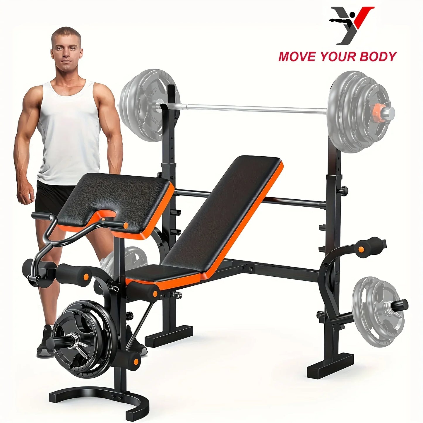 6-in-1 Heavy Duty Weight Bench Set with Adjustable Squat Rack, Leg Developer & Preacher Curl Pad - Foldable Home Gym System