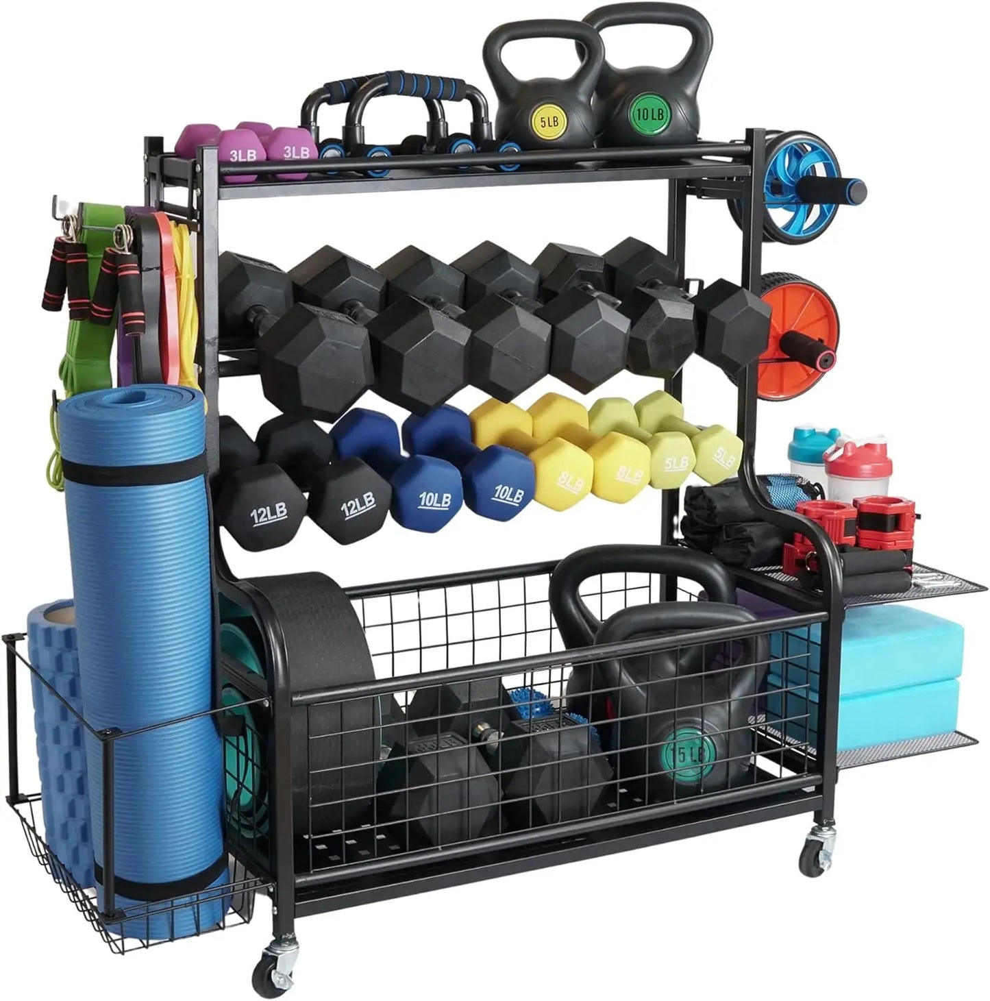Home Gym Storage: Steel Adjustable Dumbbell Rack, Black, 700 LB Capacity, with Kettlebell Shelf, Yoga Mat Holder & Wheels
