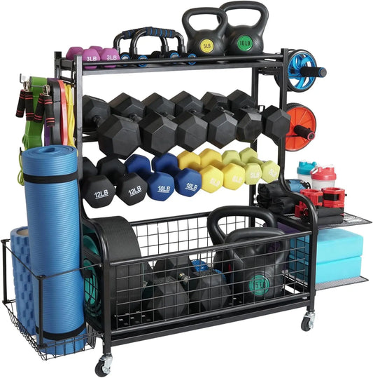 Home Gym Storage: Steel Adjustable Dumbbell Rack, Black, 700 LB Capacity, with Kettlebell Shelf, Yoga Mat Holder & Wheels