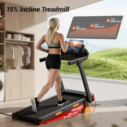 Foldable Home Treadmill with 7-Layer Shock Absorption and 15 Incline Black LED Screen 3.0HP Quiet Motor 400lbs Capacity 0.6-7.5