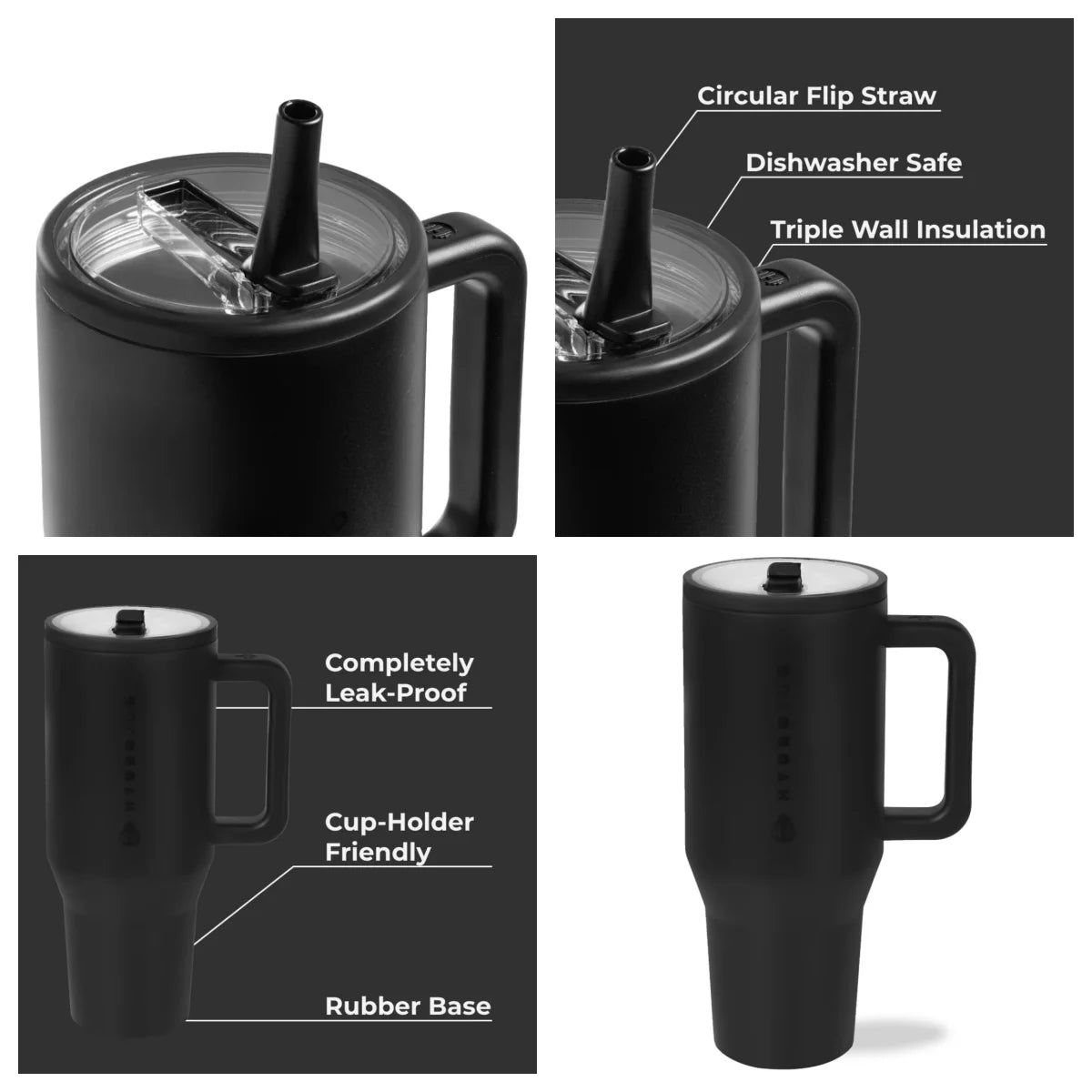 HYD Traveler - 40 oz Water Bottle with Handle & Flip Straw - Fits in Cup Holder, Leak Resistant Tumbler-Reusable Insulated Stainless Steel & Rubber Base
