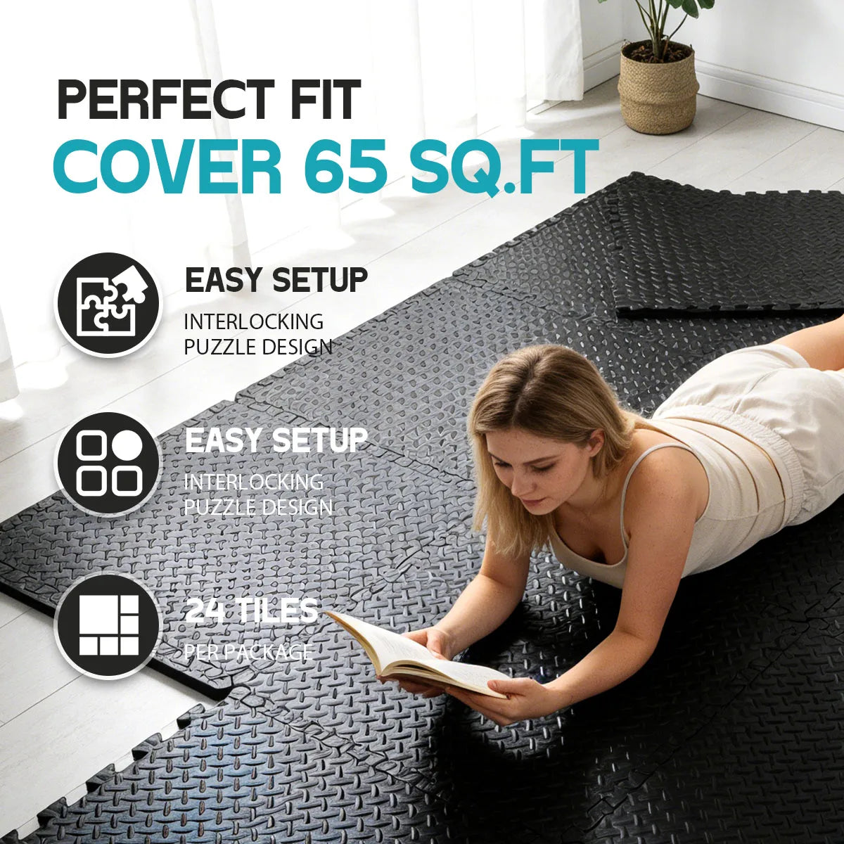 Interlocking Foam Floor Tiles for Home Gym, Mat for Home Workout Equipment, 20in X 20in-In-64sqft.