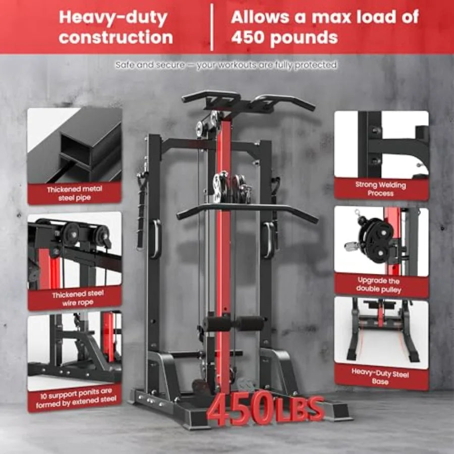 Home gym functional trainer for home use steel construction black color 450LBS capacity with LAT pulldown power cage cable cros