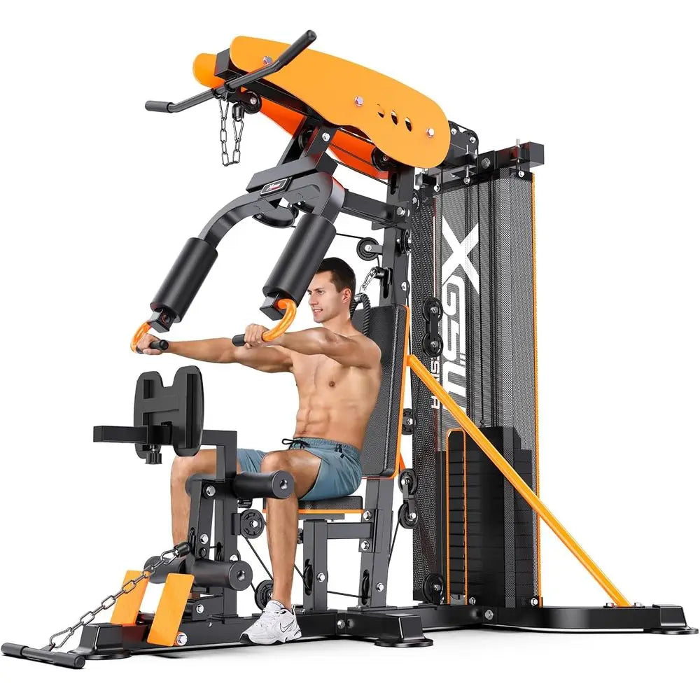 Multi-unction Home Gym Workout Station, eaturing a Pulley System, arm Trainer, and Leg Trainer or ull-Body Workouts.