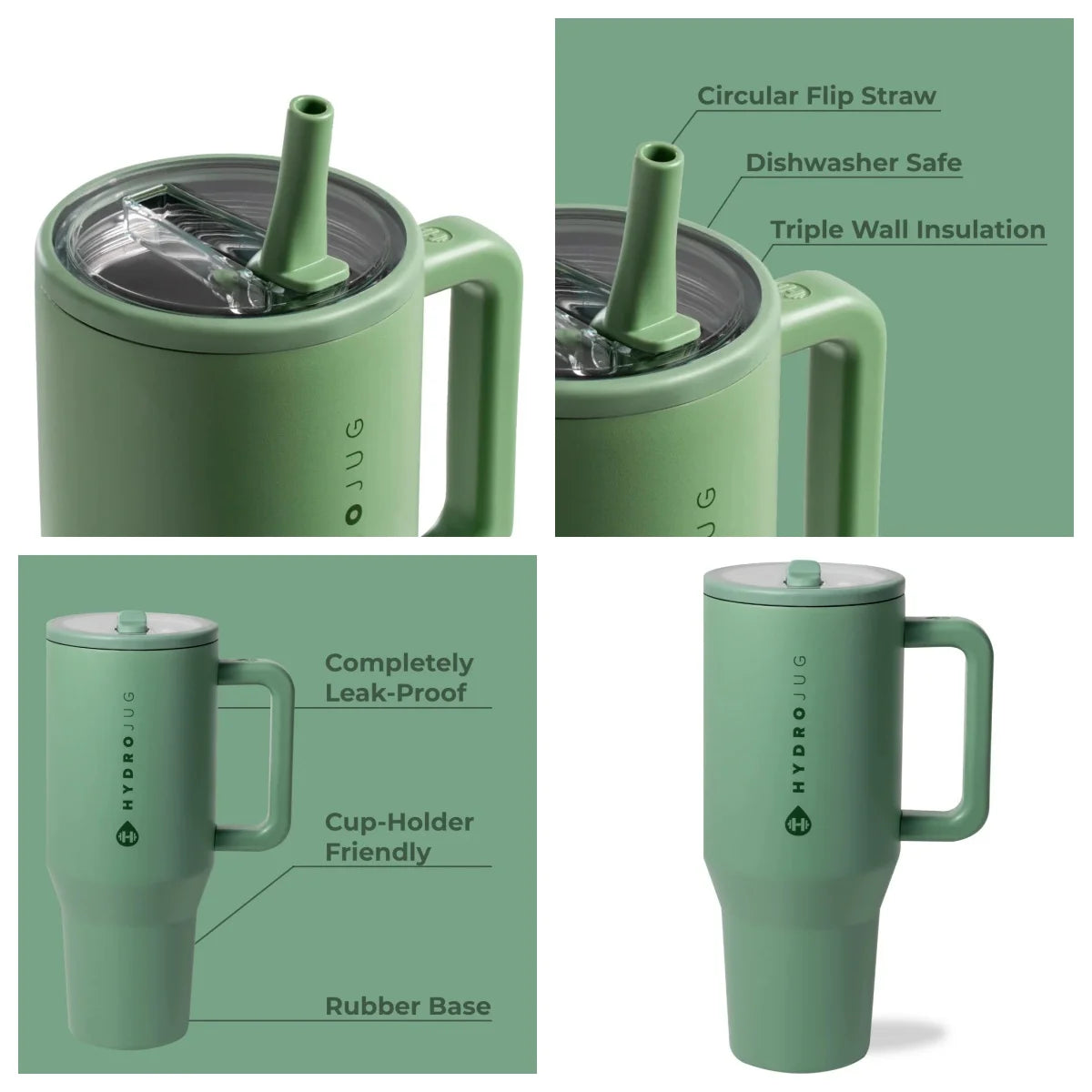 HYD Traveler - 40 oz Water Bottle with Handle & Flip Straw - Fits in Cup Holder, Leak Resistant Tumbler-Reusable Insulated Stainless Steel & Rubber Base