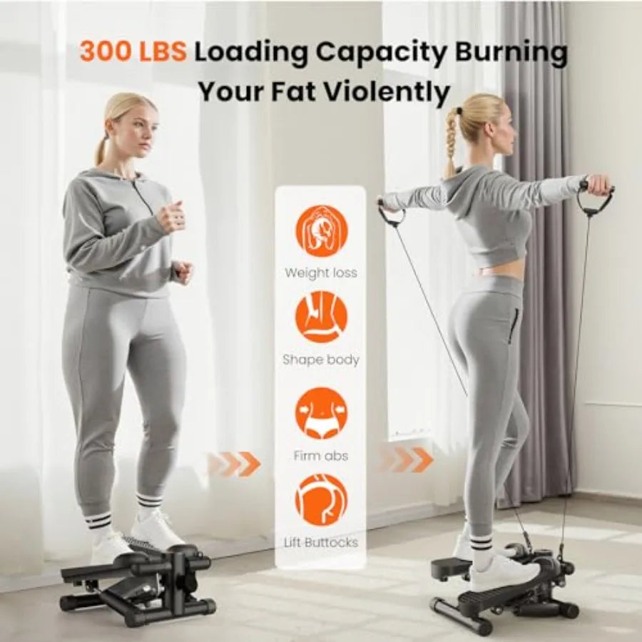 Mini Stair Stepper with Resistance Bands, Hydraulic Home Stepper Machine, 300 LBS Weight Capacity, Compact Cardio Equipment wit