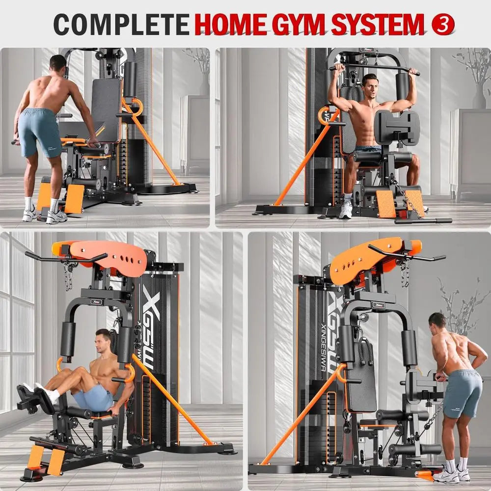 Multi-unction Home Gym Workout Station, eaturing a Pulley System, arm Trainer, and Leg Trainer or ull-Body Workouts.