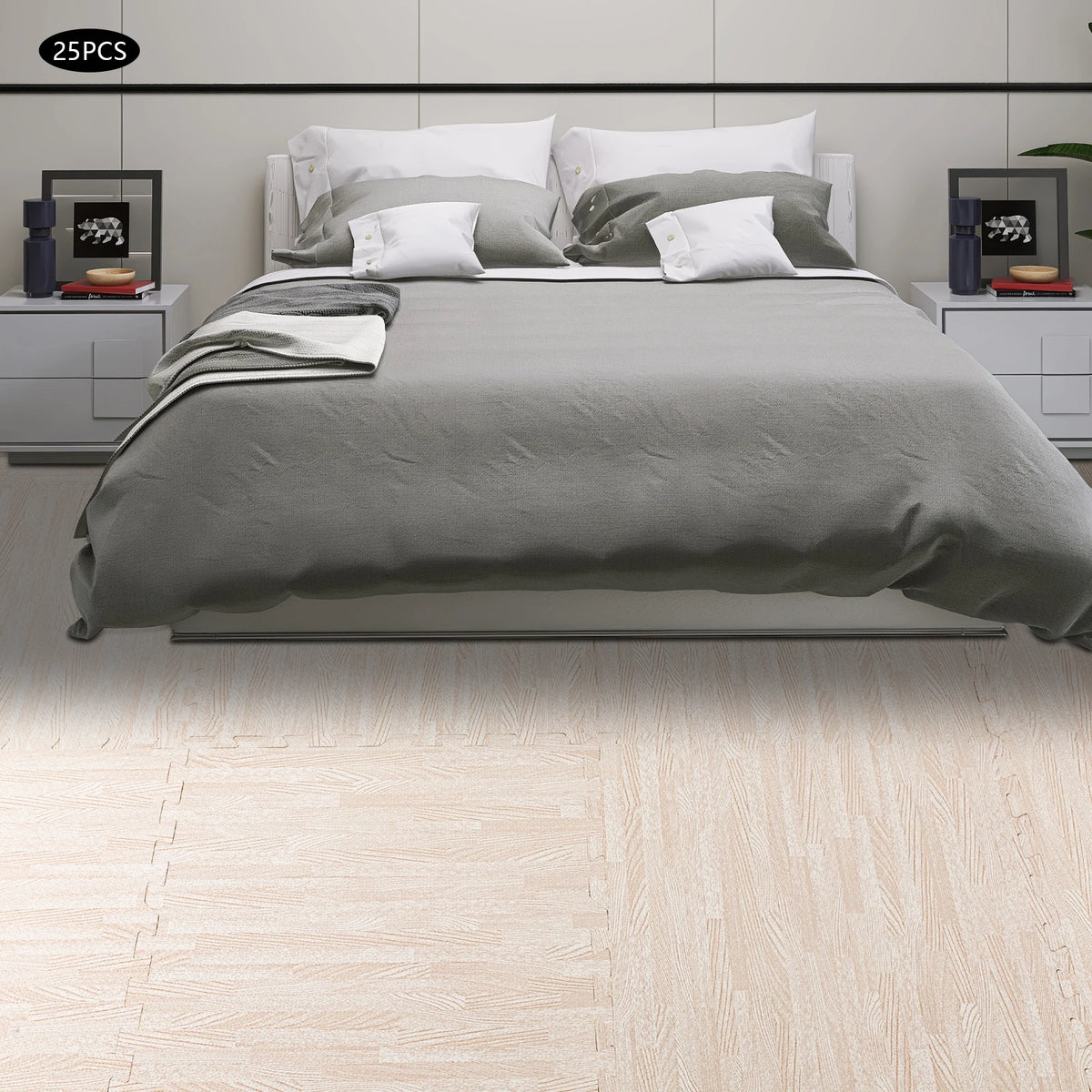 24"x24" Patchwork Foam Mat, 25PCS Thick Printed Foam Tiles, White Wood Grain Style Protective Flooring, Foam Floor Tiles Exercise Mat