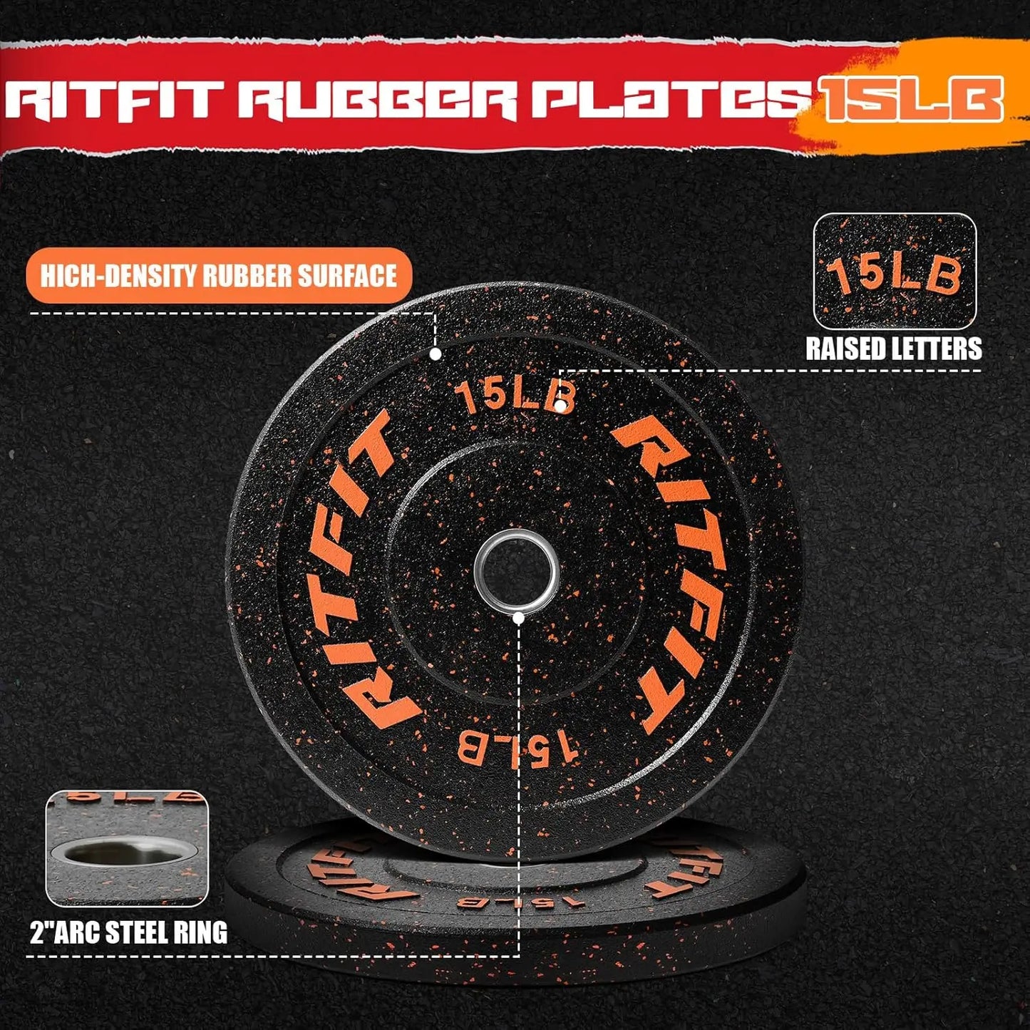 Bumper Plates, Colored Fleck-Rubber Weight Plates with Steel Insert, 2-inch Weight Plates for Weight Lifting, 100 LB Set