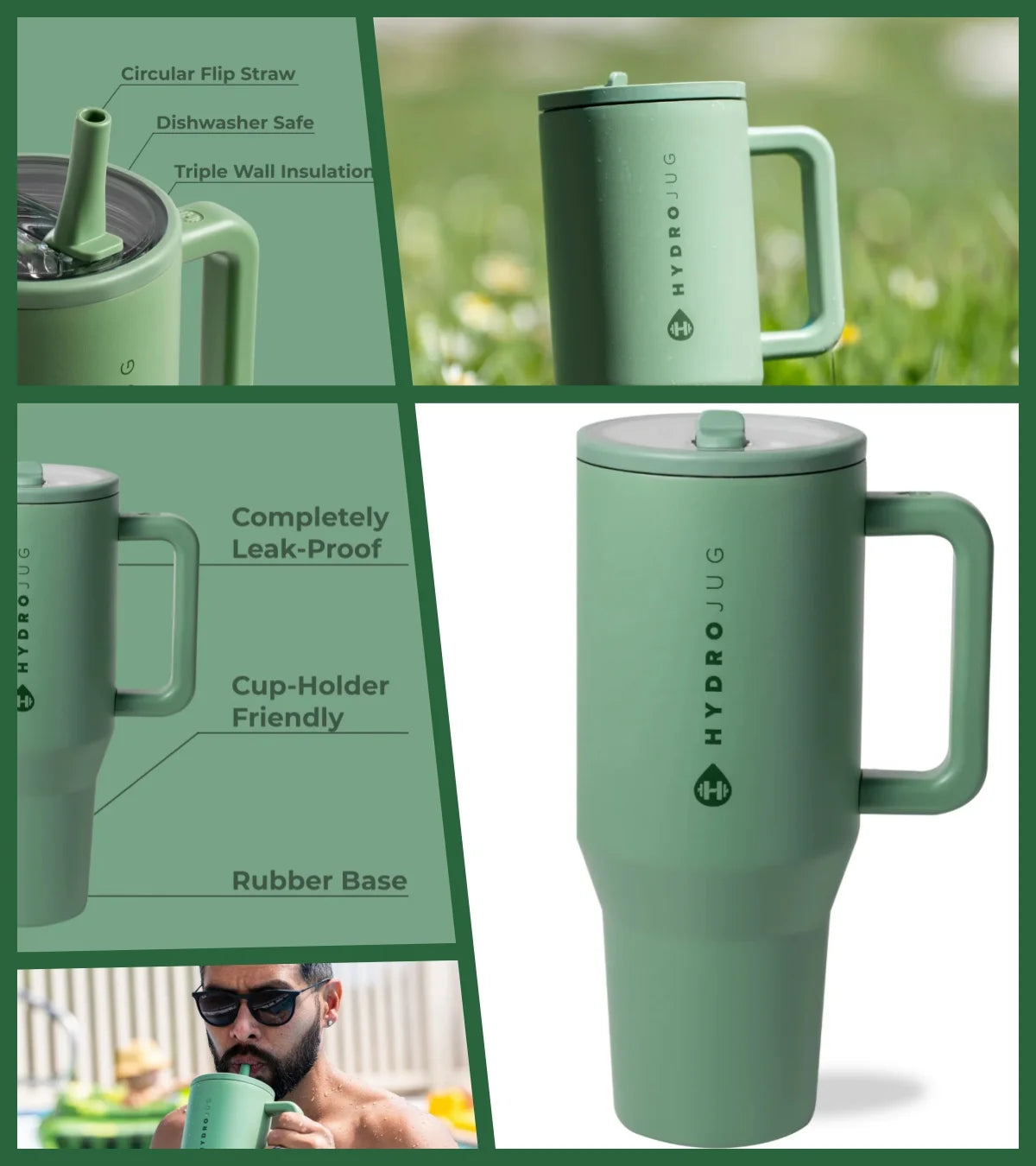 HYD Traveler - 40 oz Water Bottle with Handle & Flip Straw - Fits in Cup Holder, Leak Resistant Tumbler-Reusable Insulated Stainless Steel & Rubber Base