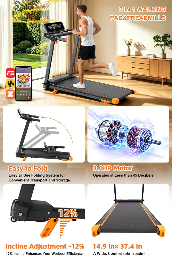 Walking Pad Treadmill, Treadmill with 12% Incline, 3-in-1 Foldable Treadmills for Home,12 HIIT Modes, Quiet Treadmill with Incline, 300 LBS Capacity, with App, Speaker, Heart Rate,and LED Display