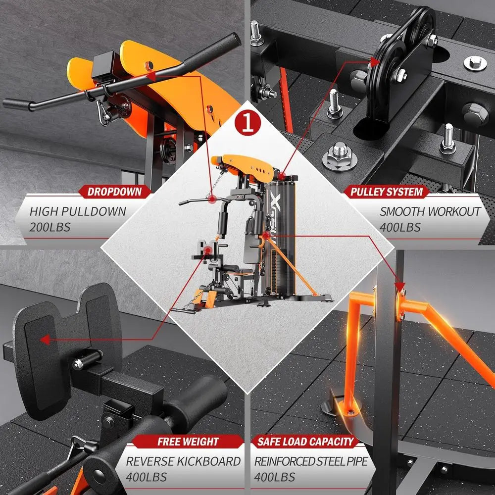 Multi-unction Home Gym Workout Station, eaturing a Pulley System, arm Trainer, and Leg Trainer or ull-Body Workouts.