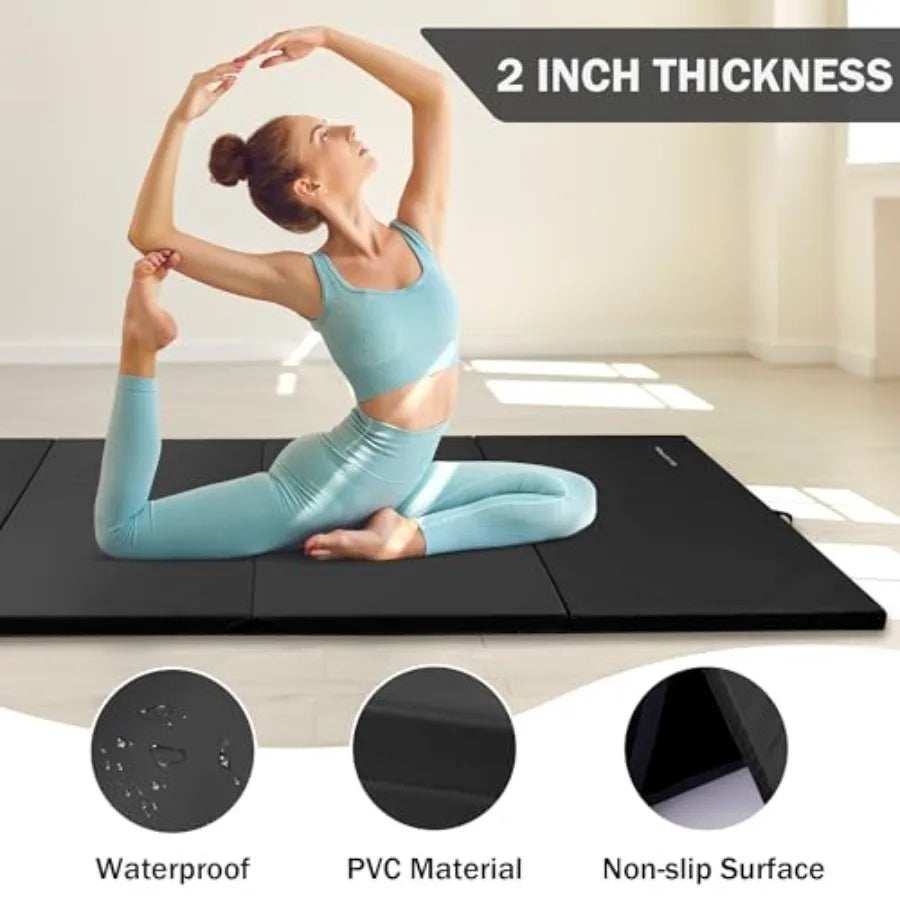 Folding Exercise Gymnastics Mat 4'x8'x2 for Home Gym Yoga Pilates Tumbling MMA Core Training, High-Density EVA Foam, Black/Blue