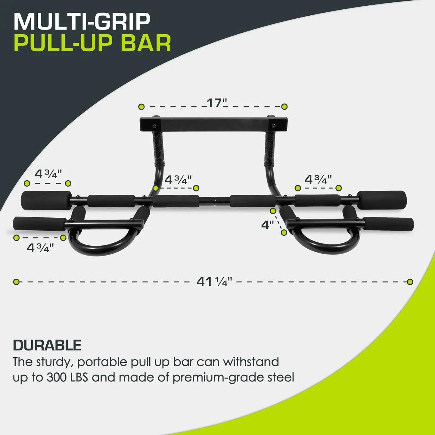 Multi-Grip Pull Up Bar for Home Gym, 300 lb Capacity, Fits Doorways 24-36 in