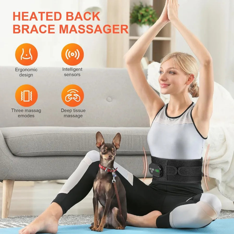 Lower Back Heating Pad with Massager for Back Pain Relief Cordless Heated Back Brace Vibration Wrap with 6 Heat and Timer Heati