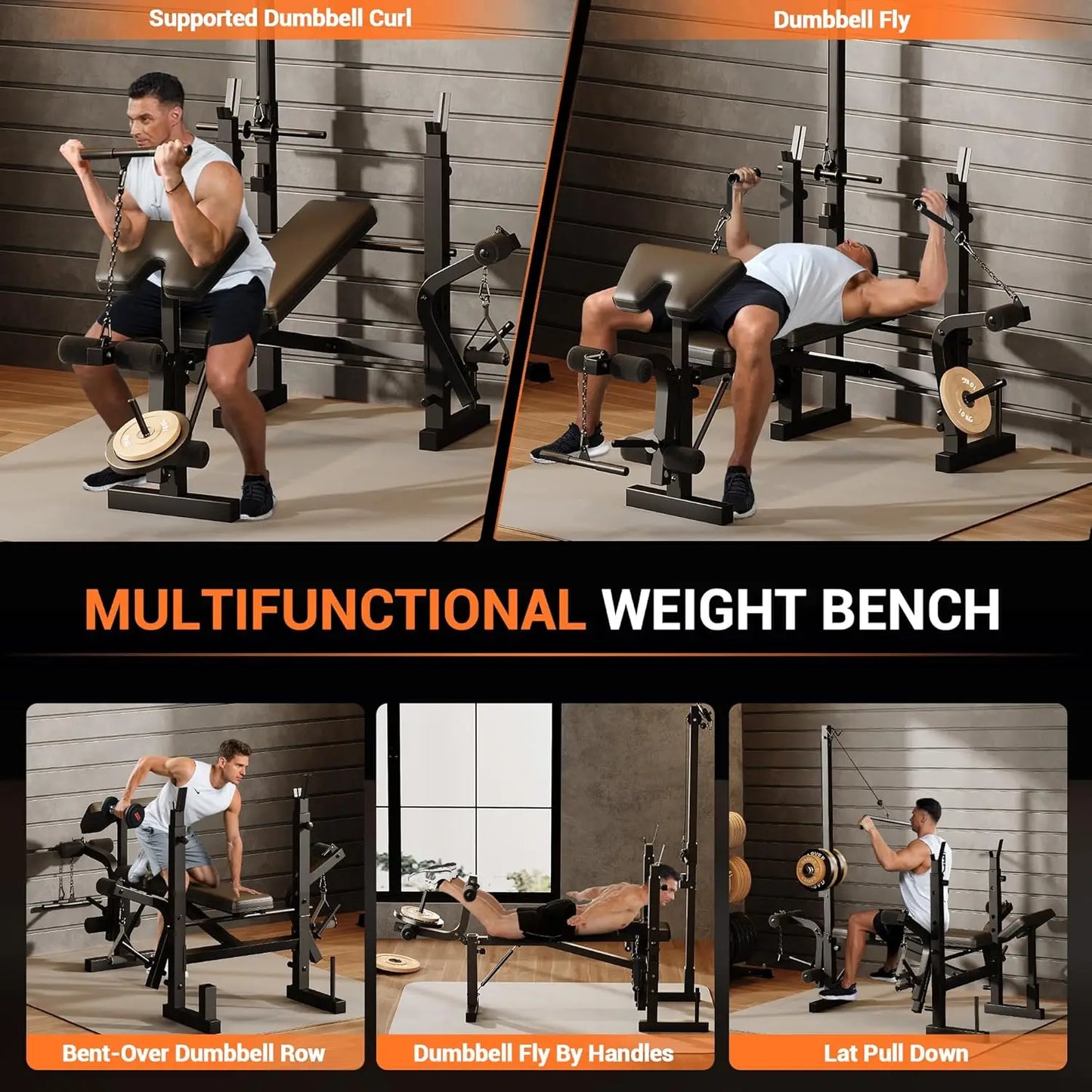 Weight Bench Set with Leg Extension and Leg Curl and Preacher Curl 7 in 1 Strength Training Bench with Squat Rack for Home Gym