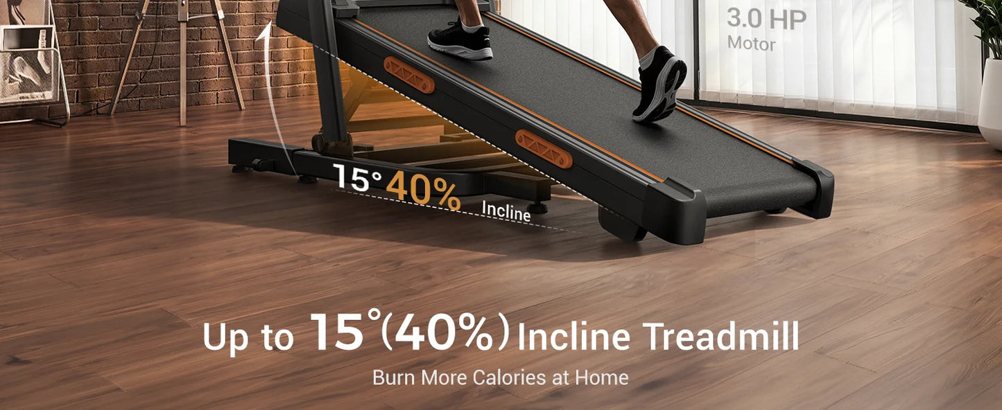 Folding Treadmill for Home 15% Incline Electric Running Machine 3.0HP Powerful Motor Adjustable Speed Walking Pad LED Display Shock Absorption Fitness Equipment