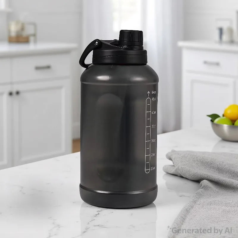 64 Fluid Ounces Water Bottle, Translucent Black, with Straw/ Chug 2 in 1 Lid, Light Weight, Reusable, Plastic