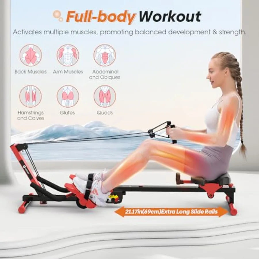 Rowing Machine, 4 in 1 Rowing and Ab Machine with 2 Levels of Workout Resistance, Quiet & Foldable Rower Machine with 3 Adjusta