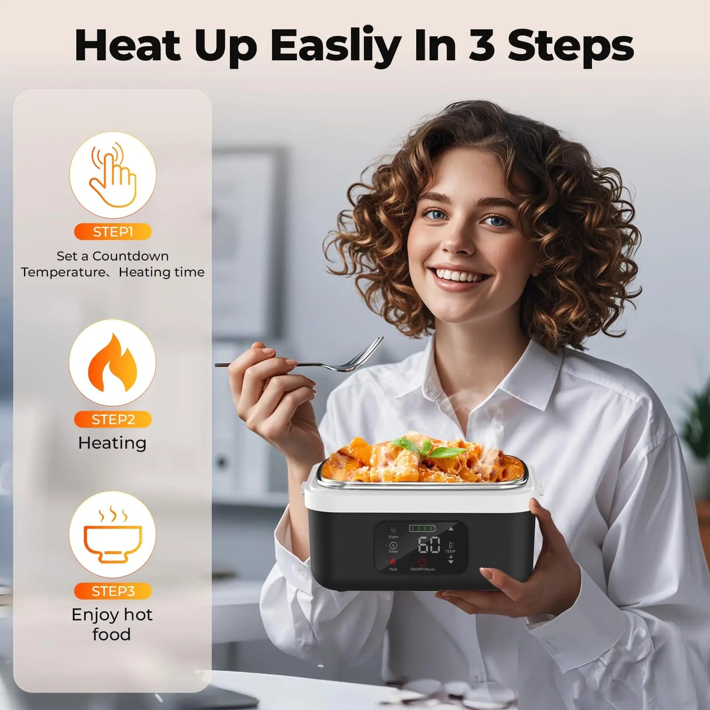 Wireless Electric Insulated Lunch Box - Built-in 8000mAh Battery, 60W Heating Lunch Box 1L Stainless Steel Lunch Box Food Warmer