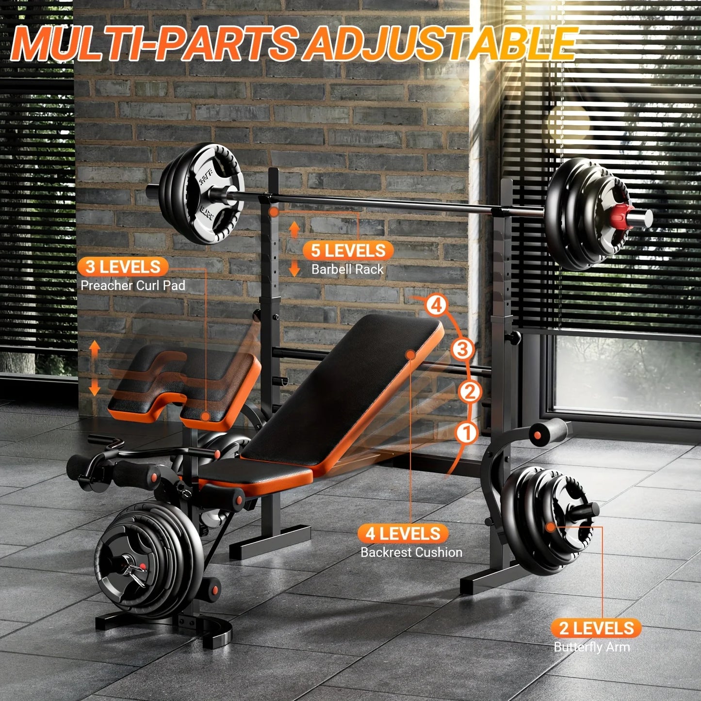 6-in-1 Heavy Duty Weight Bench Set with Adjustable Squat Rack, Leg Developer & Preacher Curl Pad - Foldable Home Gym System
