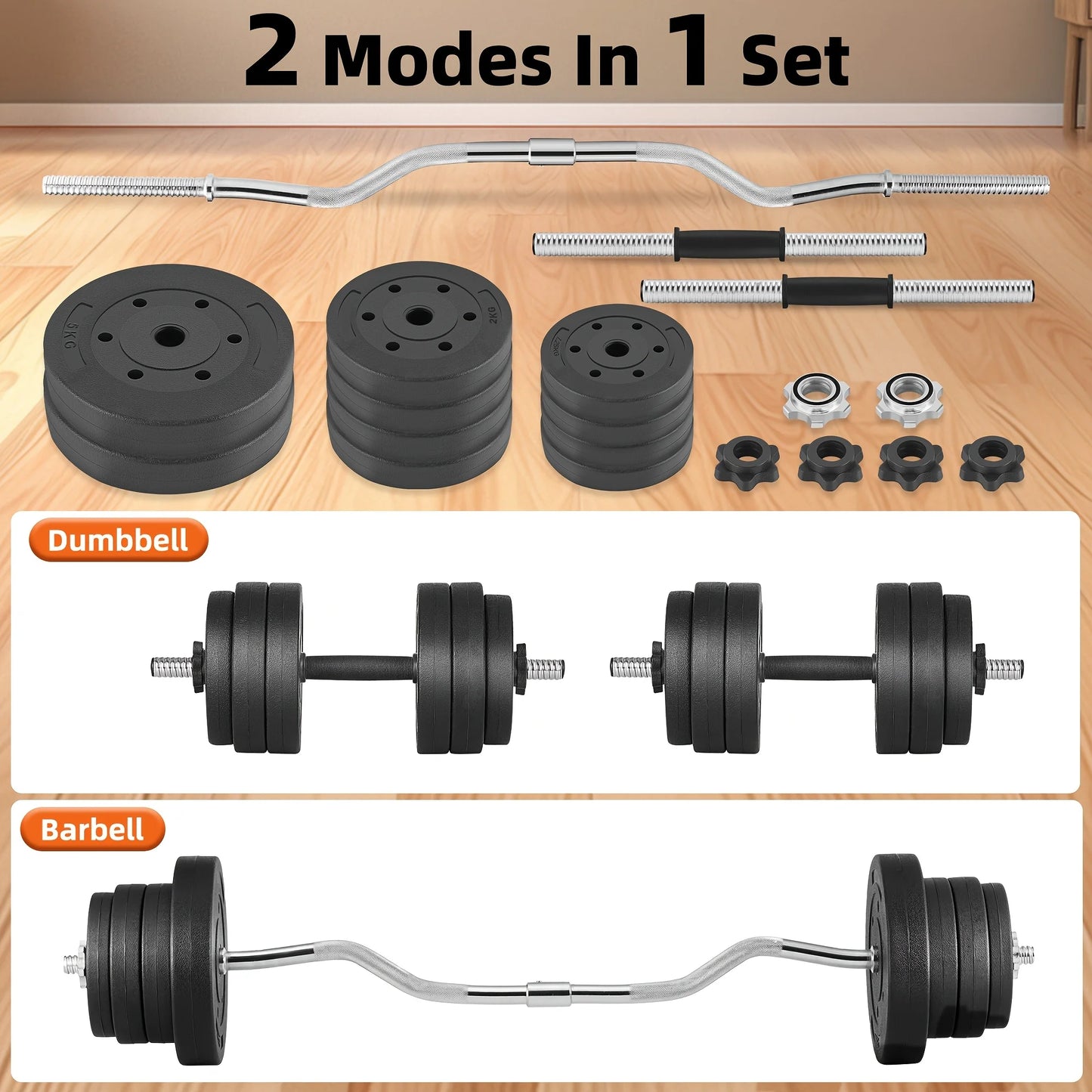 70LB 2-in-1 Barbell Set with Curl Bar & Weight Plates - Convertible Dumbbells for Full-Body Gym Workouts, Weightlifting System for &, No Additional Equipment Needed