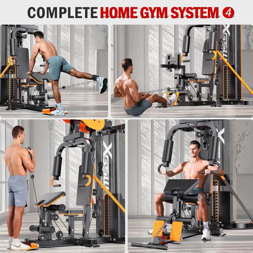 Multi-unction Home Gym Workout Station, eaturing a Pulley System, arm Trainer, and Leg Trainer or ull-Body Workouts.