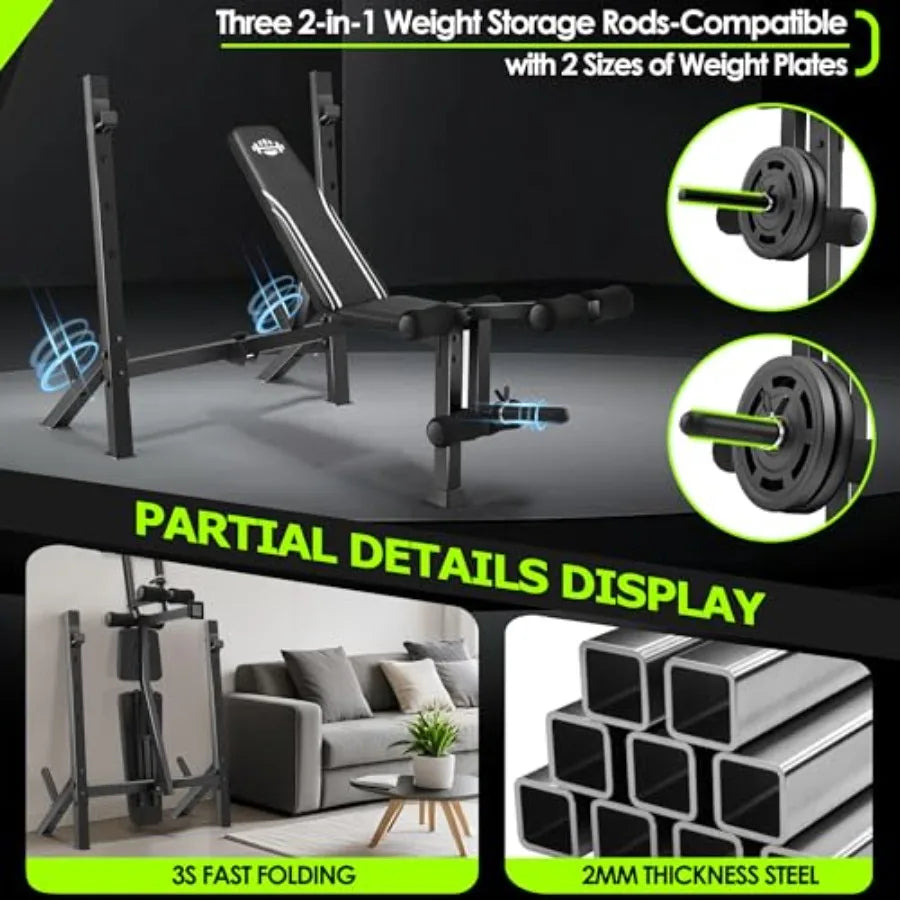 900LBS Weight Bench Set with Squat Rack Adjustable Bench Press Bench with Leg Extension & Leg Curl, Incline Decline Flat Foldable Workout Bench for Home Gym