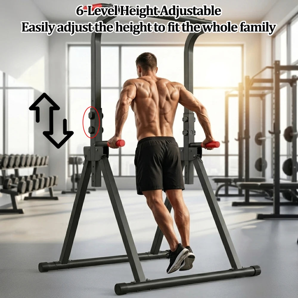 Foldable Pull Up Bar Standing Power Tower - Multi-Function Dip Station, 6-Level Adjustable Height, 440lbs Max, Home Gym Strength Training Fitness Equipment