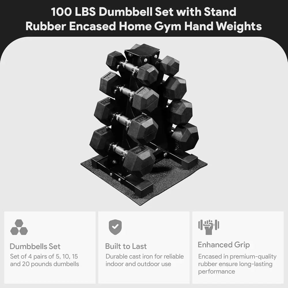 Rubber Coated Hex Dumbbell Set With Storage Rack 100LB Kit 5-20LB Pair Home Fitness Training Weights