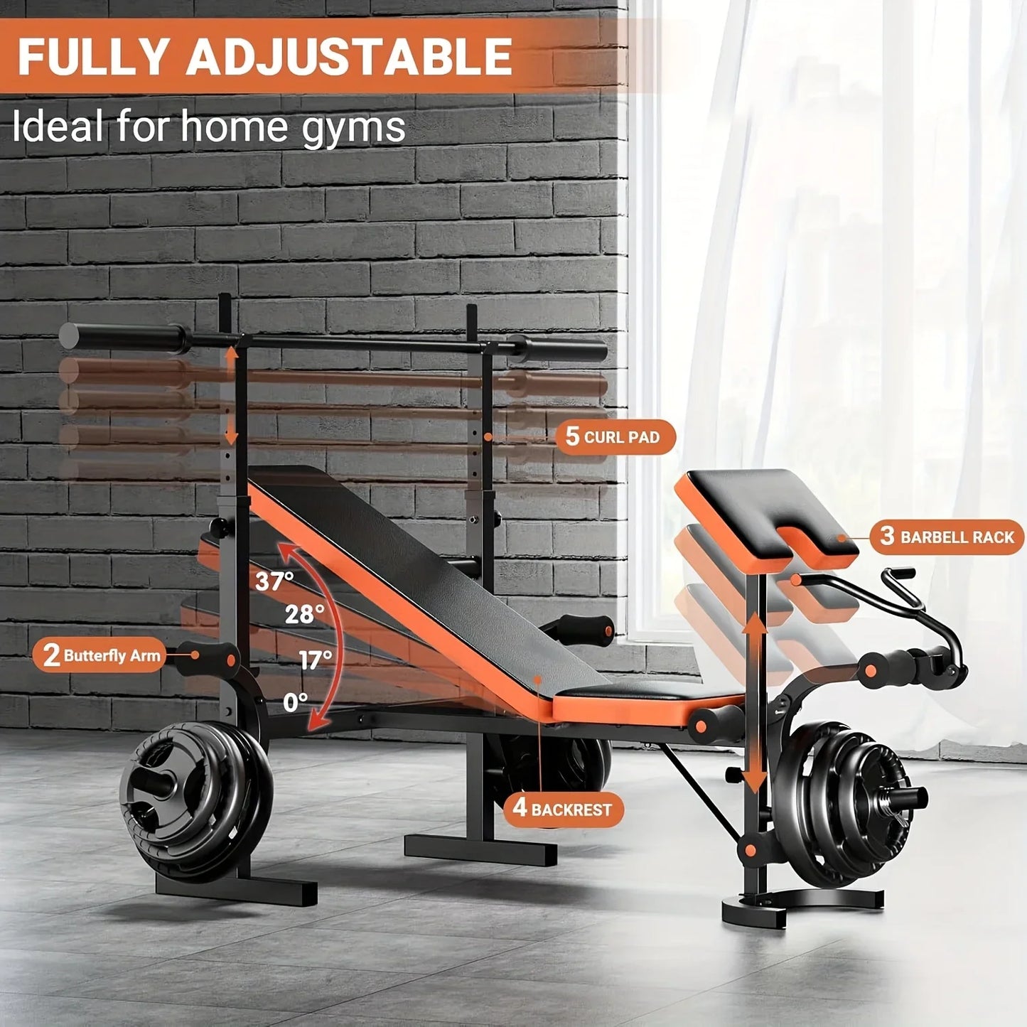 6-in-1 Heavy Duty Weight Bench Set with Adjustable Squat Rack, Leg Developer & Preacher Curl Pad - Foldable Home Gym System
