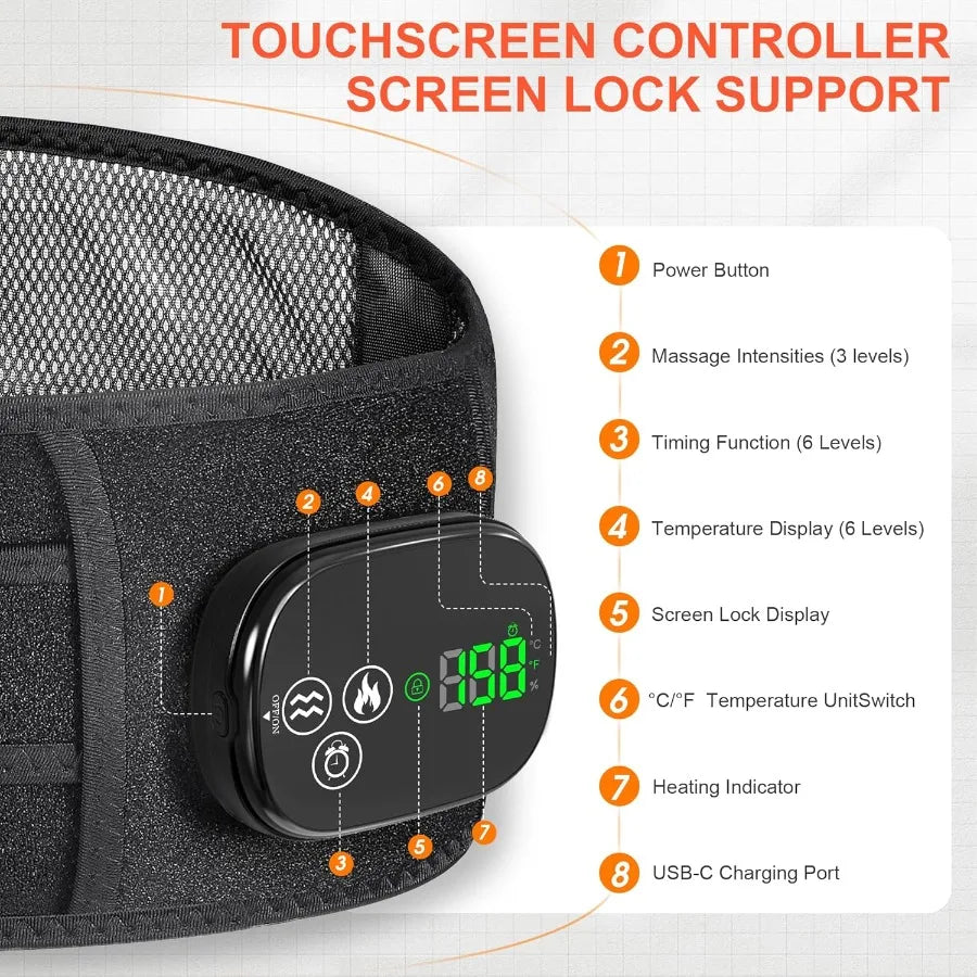 Lower Back Heating Pad with Massager for Back Pain Relief Cordless Heated Back Brace Vibration Wrap with 6 Heat and Timer Heati