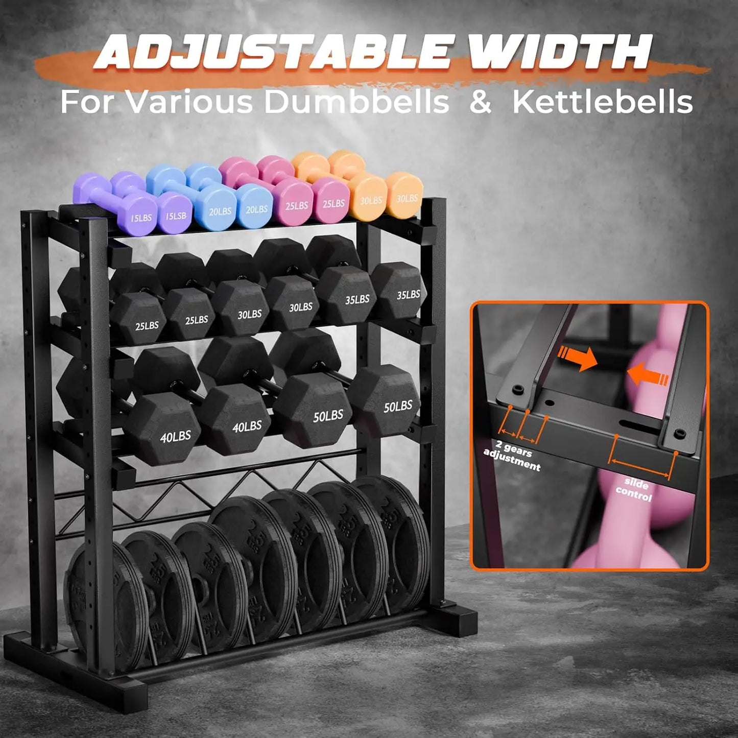 Upgraded Four Tier Dumbbell Rack, 1100LBS Weight Rack for Home Gym, Barbell Holder Bumper Plate Storage Rack with Adjustable Height and Width Design, Heavy Duty Weight Storage Organizer
