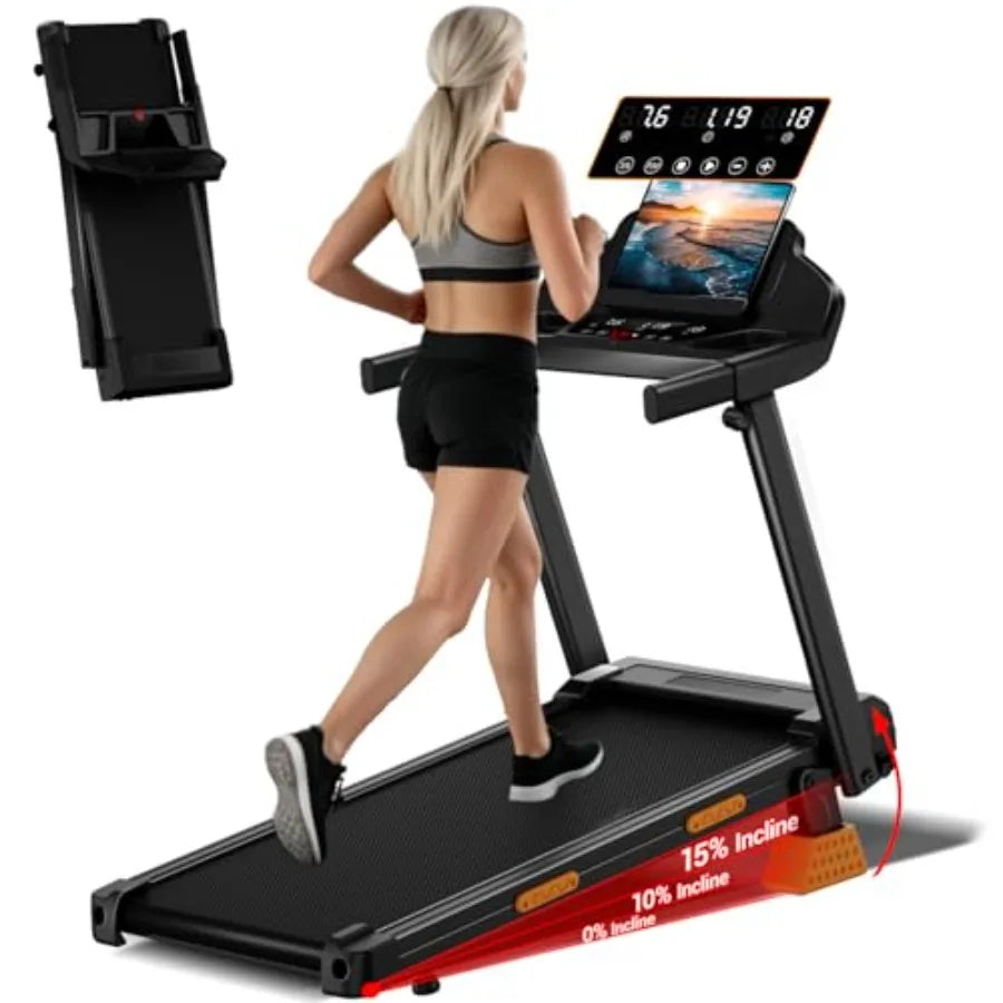 Foldable Home Treadmill with 7-Layer Shock Absorption and 15 Incline Black LED Screen 3.0HP Quiet Motor 400lbs Capacity 0.6-7.5