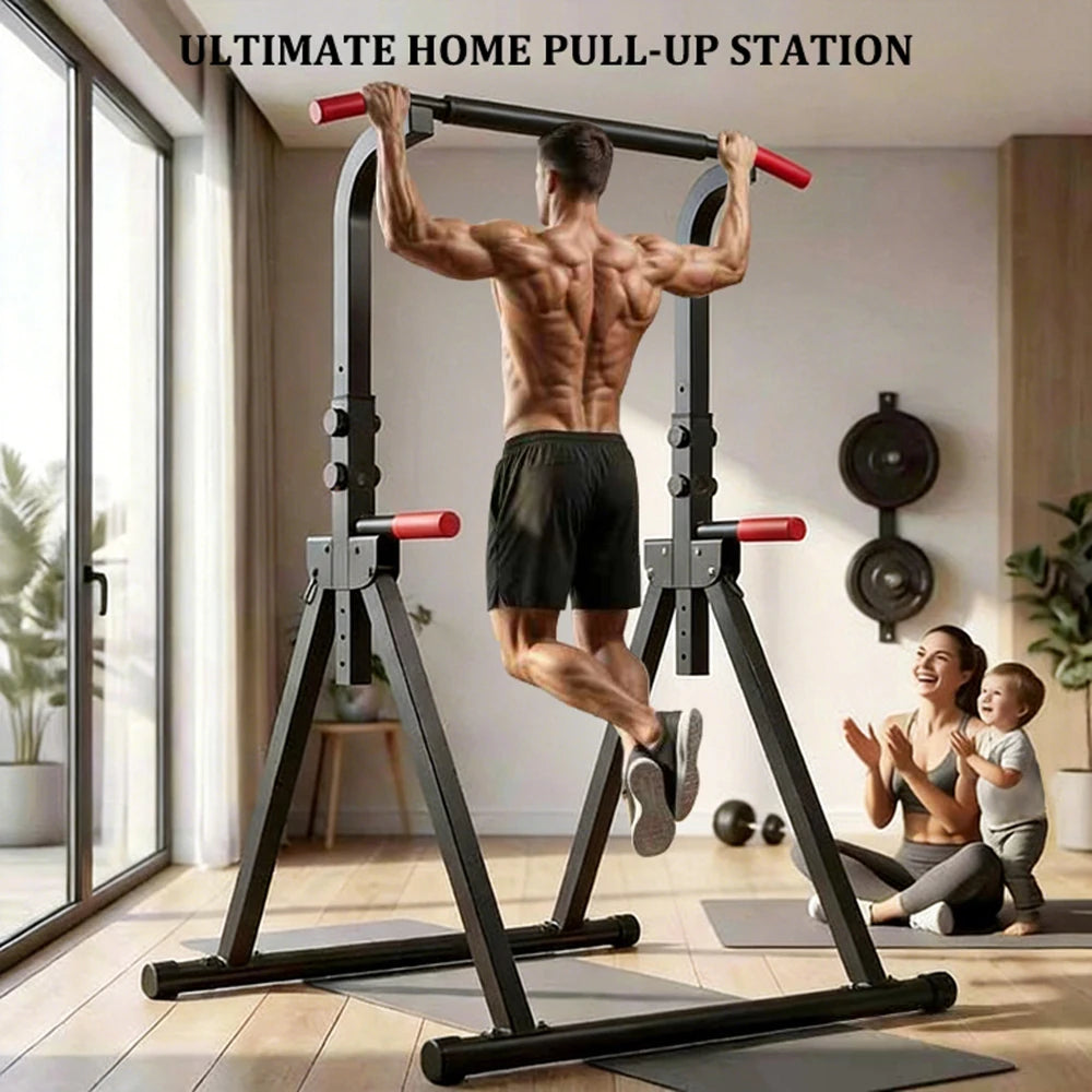 Foldable Pull Up Bar Standing Power Tower - Multi-Function Dip Station, 6-Level Adjustable Height, 440lbs Max, Home Gym Strength Training Fitness Equipment