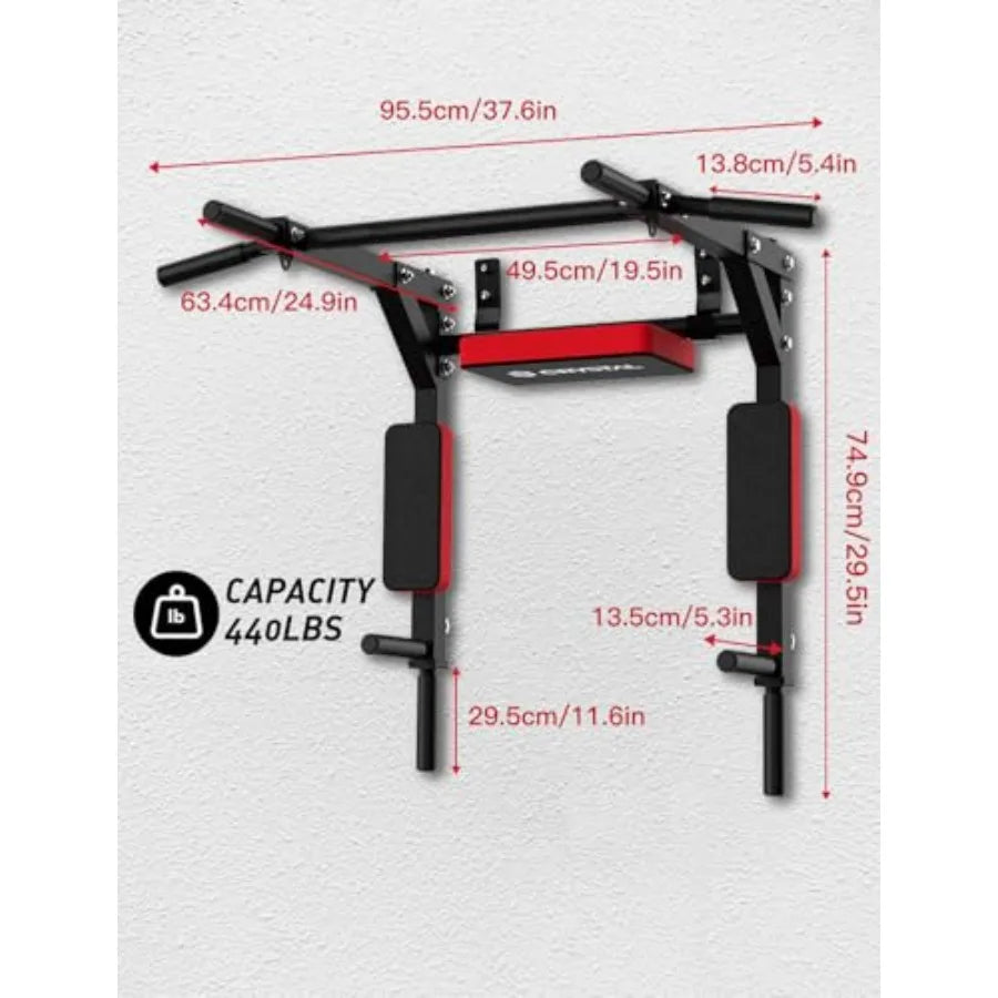 Multifunctional Wall Mounted Pull Up Bar Chin Up Bar and Dip Station Heavy Duty Steel Supports to 440 Lbs Home Gym
