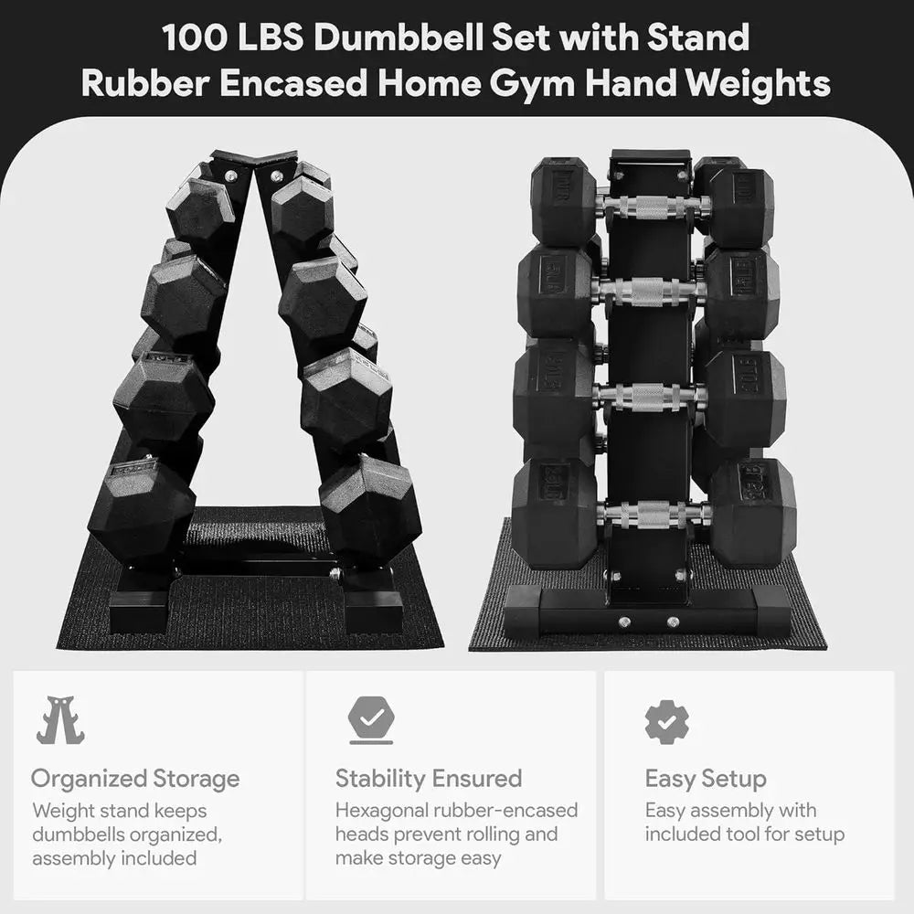Rubber Coated Hex Dumbbell Set With Storage Rack 100LB Kit 5-20LB Pair Home Fitness Training Weights