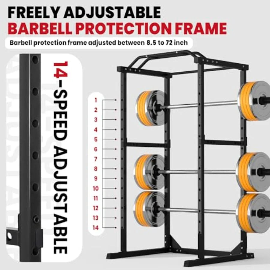 Power Cage 1800 LBS Multi-Functional Home Gym Rack with Adjustable Cable Pulley Pull-Up Bar J-Hooks Landmine Attachments in Bla