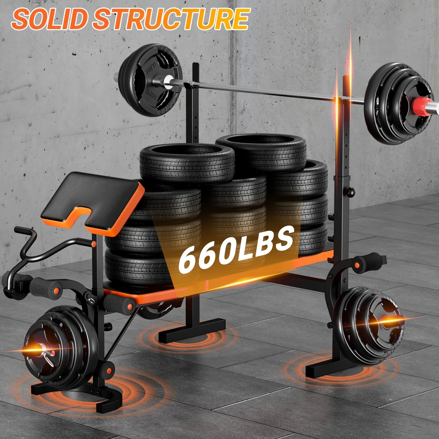 6-in-1 Heavy Duty Weight Bench Set with Adjustable Squat Rack, Leg Developer & Preacher Curl Pad - Foldable Home Gym System