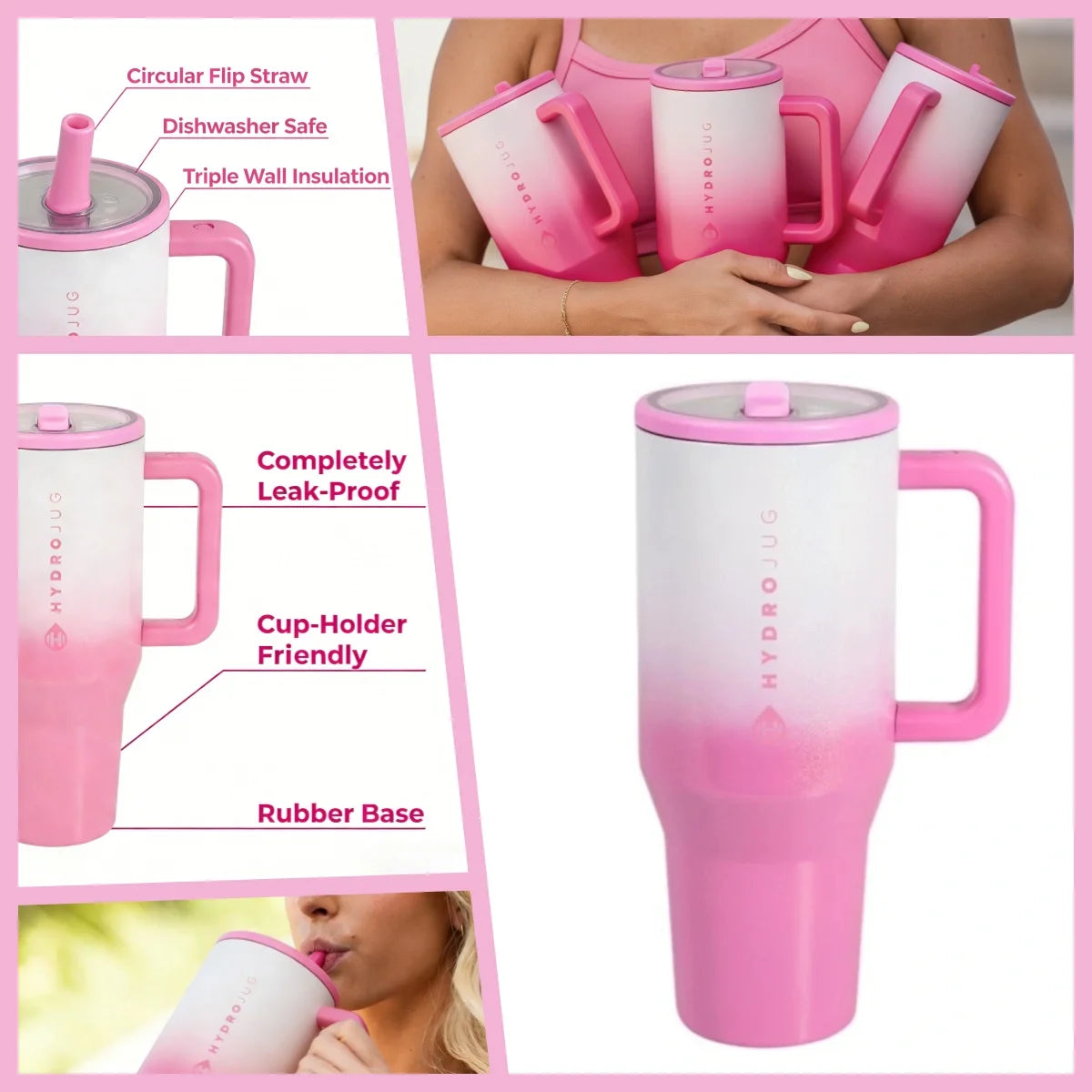 HYD Traveler - 40 oz Water Bottle with Handle & Flip Straw - Fits in Cup Holder, Leak Resistant Tumbler-Reusable Insulated Stainless Steel & Rubber Base