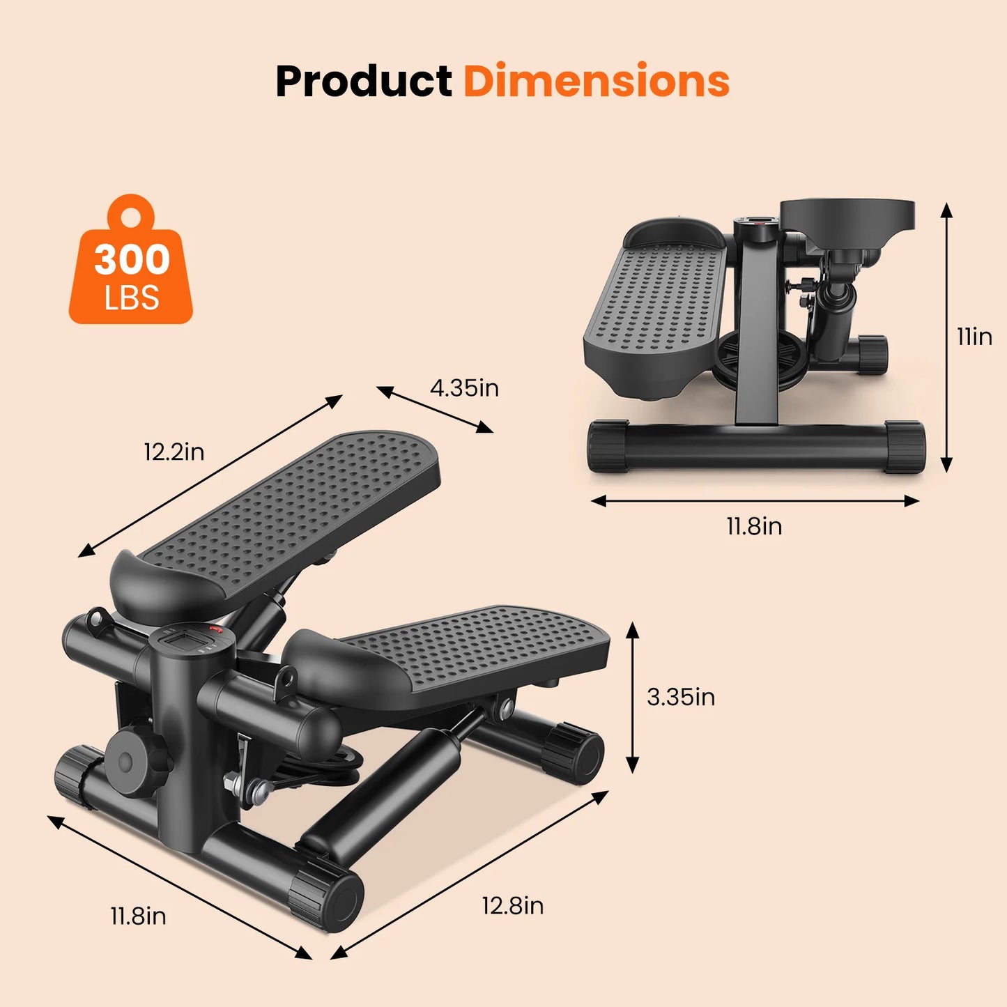 Mini Stepper with Resistance Bands 300 LBS Weight Capacity Hydraulic Home Stepper Machine Compact Cardio Equipment with LCD Monitor No Assembly Required